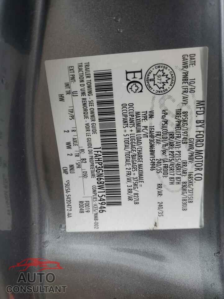 FORD FOCUS 2011 - 1FAHP3GN6BW154946