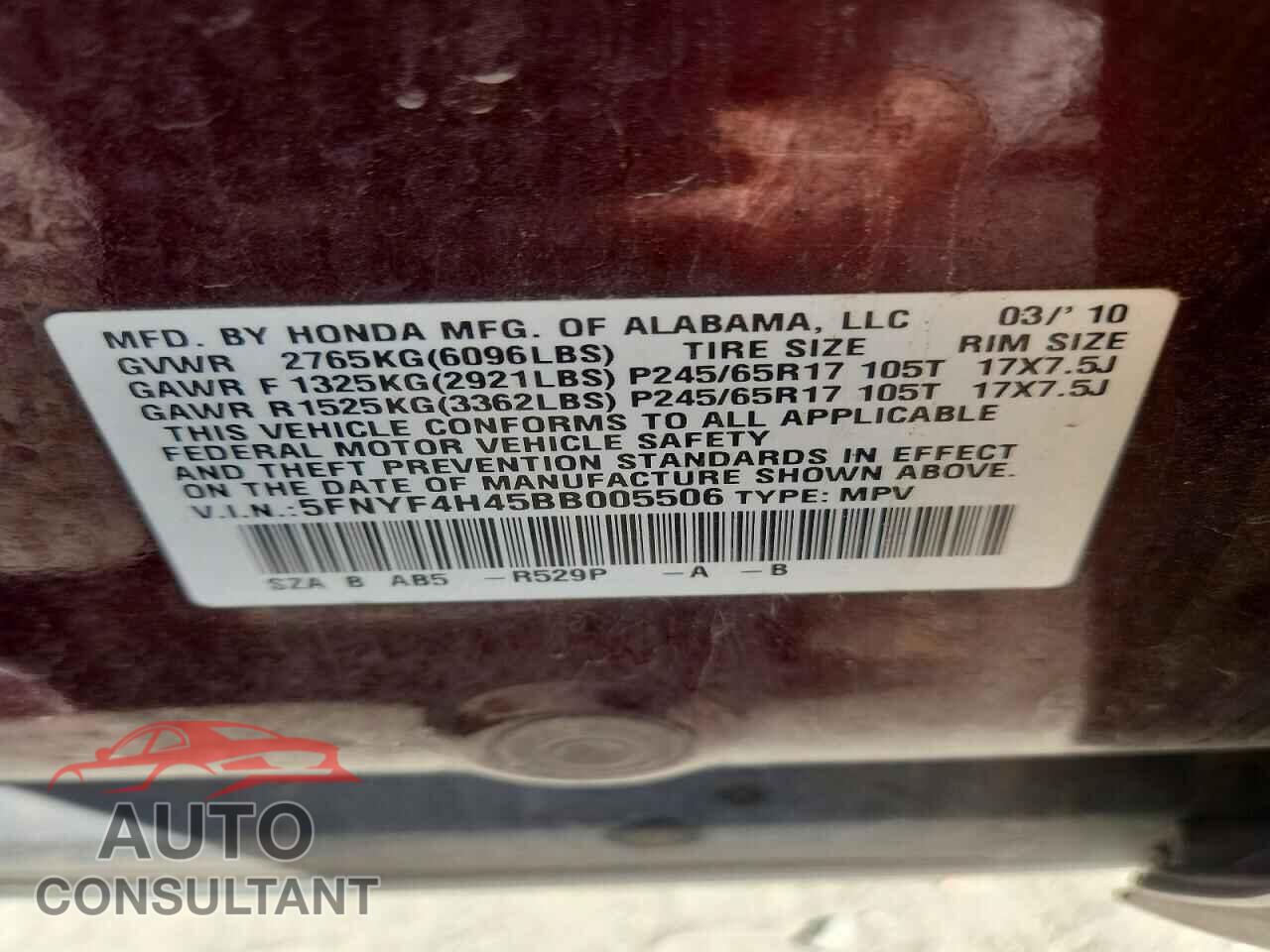 HONDA PILOT 2011 - 5FNYF4H45BB005506