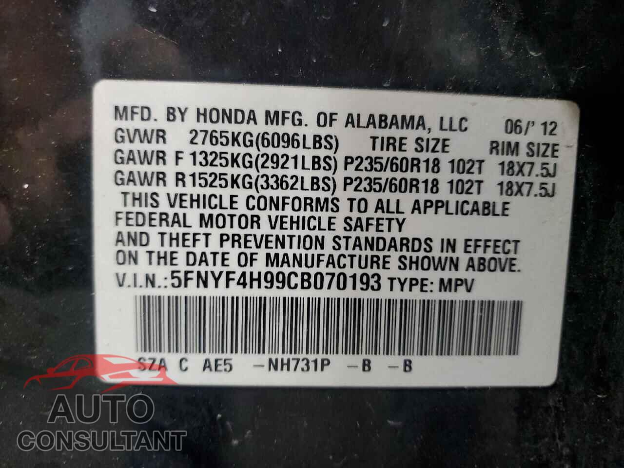 HONDA PILOT 2012 - 5FNYF4H99CB070193