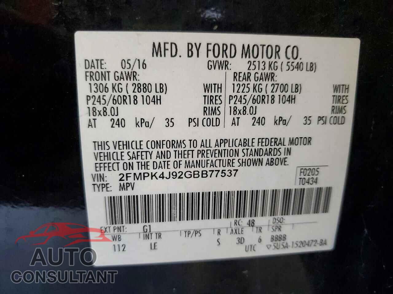 FORD EDGE 2016 - 2FMPK4J92GBB77537