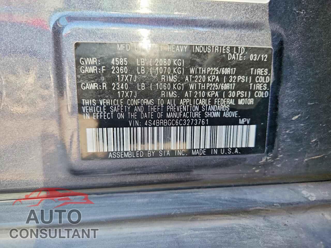 SUBARU OUTBACK 2012 - 4S4BRBGC6C3273761