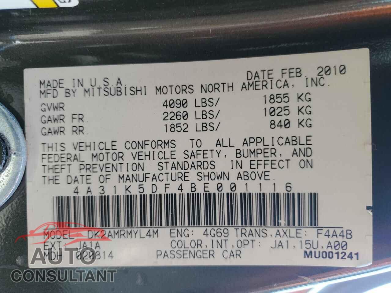 MITSUBISHI ECLIPSE 2011 - 4A31K5DF4BE001116