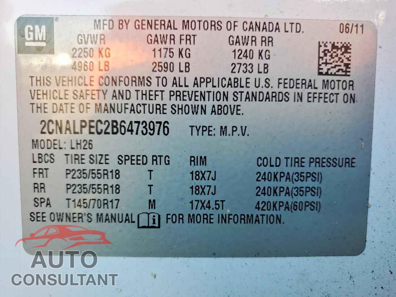 CHEVROLET EQUINOX 2011 - 2CNALPEC2B6473976