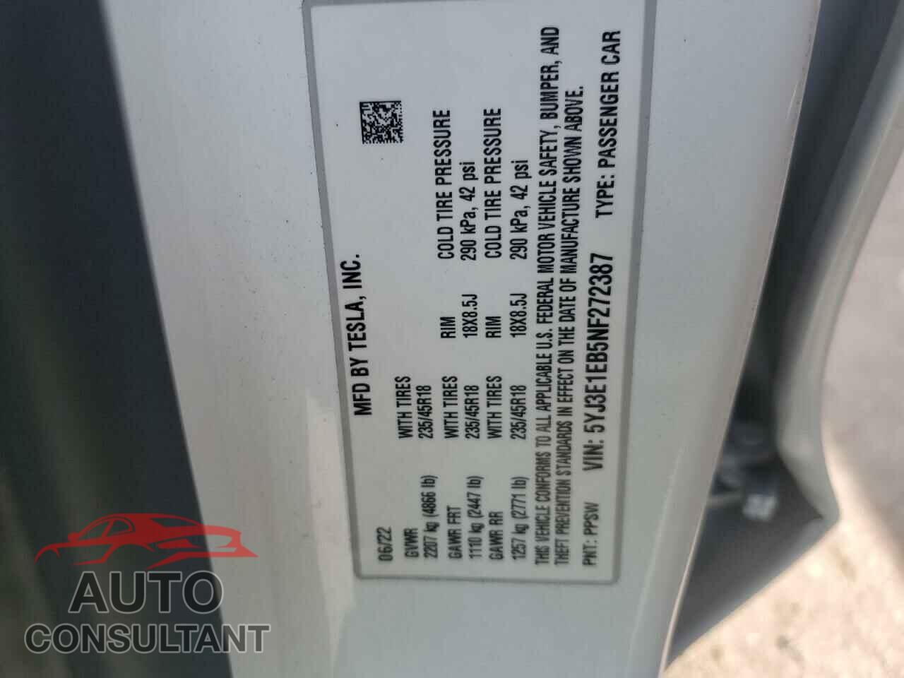 TESLA MODEL 3 2022 - 5YJ3E1EB5NF272387