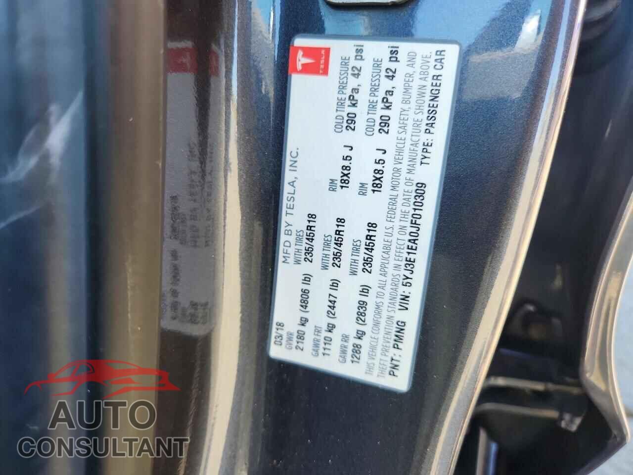 TESLA MODEL 3 2018 - 5YJ3E1EA0JF010309