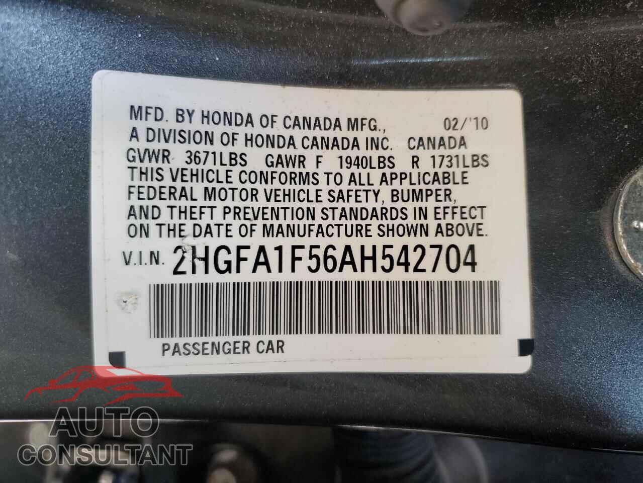 HONDA CIVIC 2010 - 2HGFA1F56AH542704