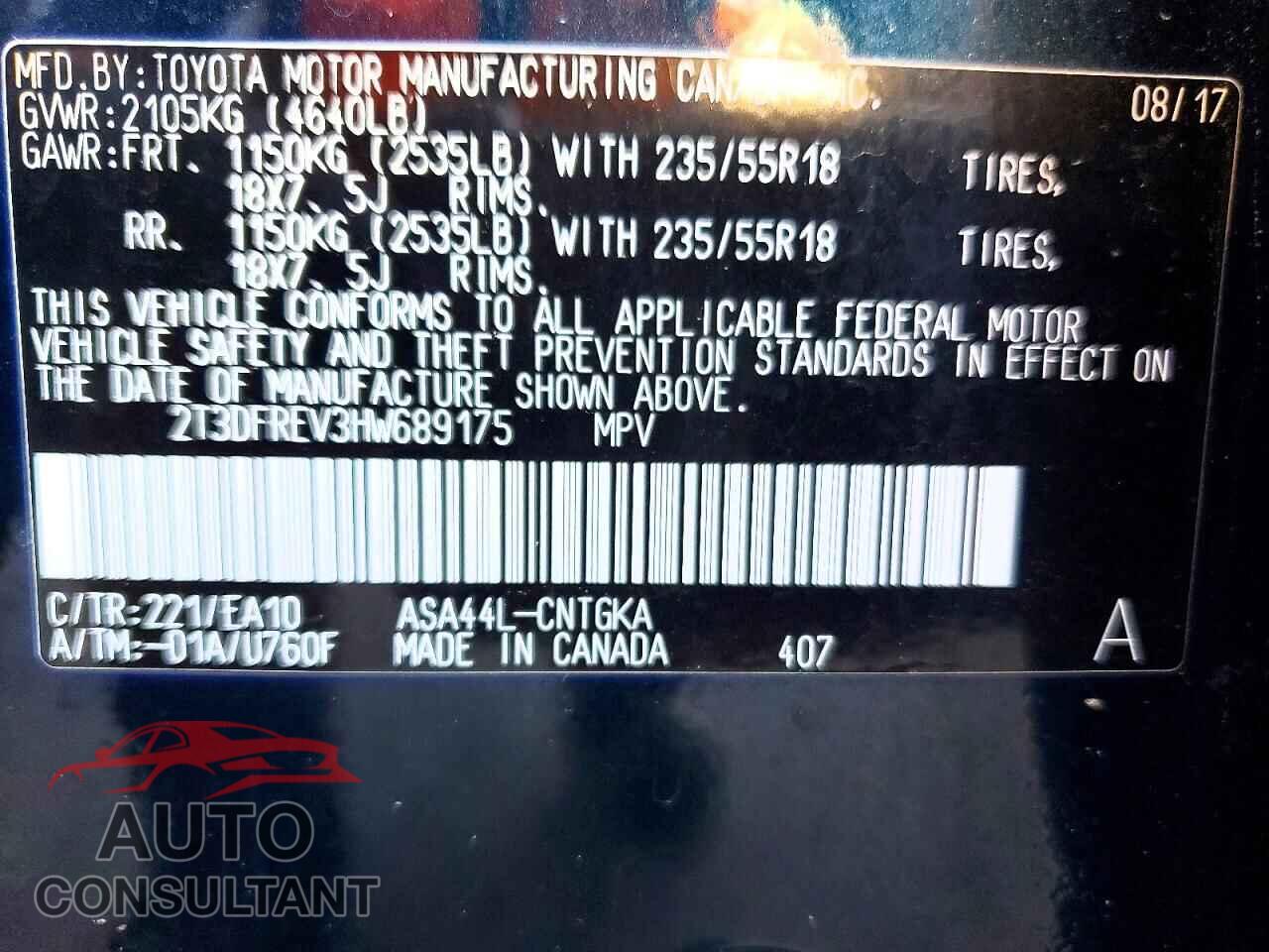 TOYOTA RAV4 2017 - 2T3DFREV3HW689175