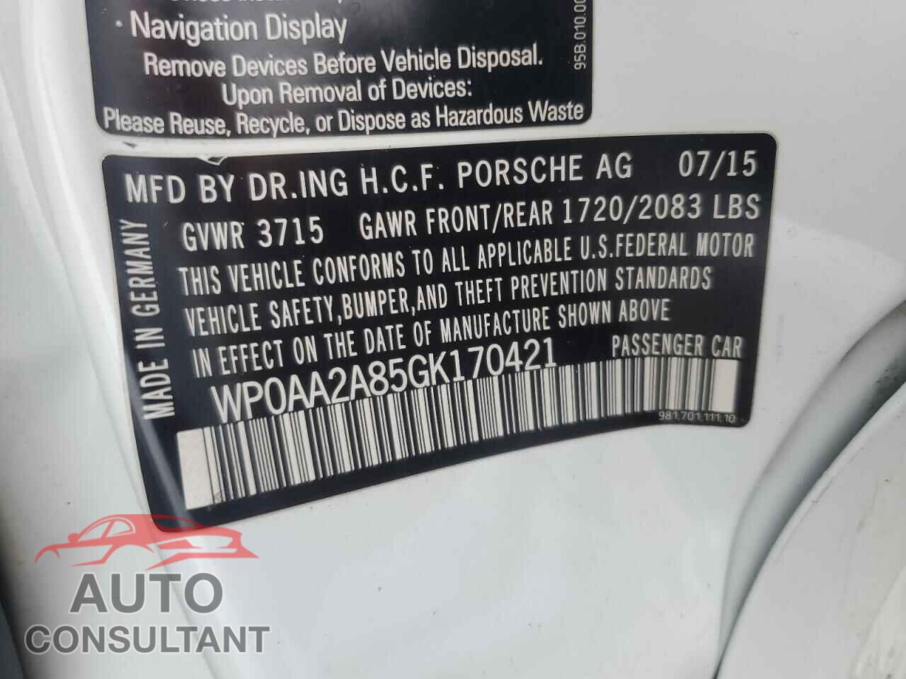PORSCHE CAYMAN 2016 - WP0AA2A85GK170421