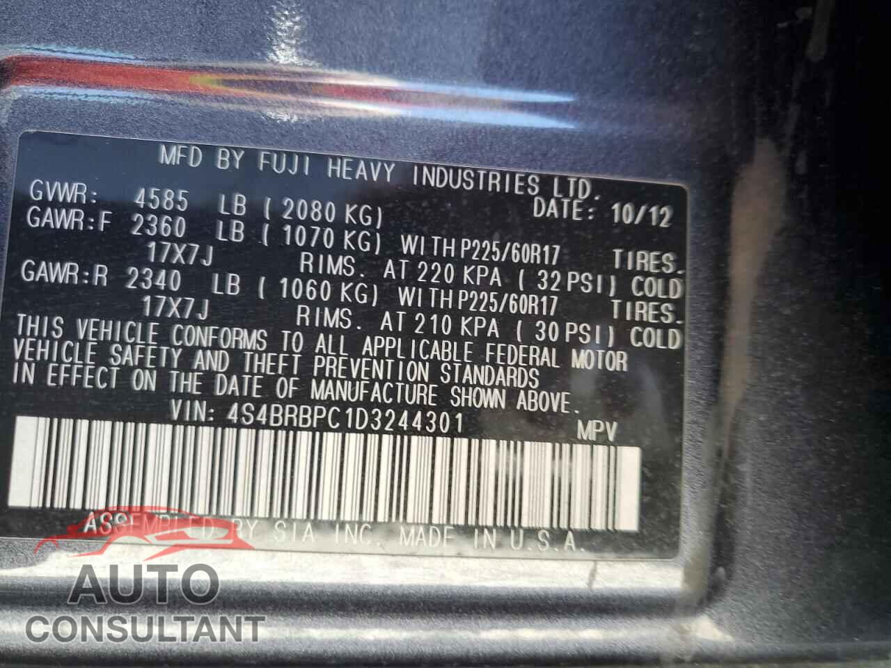 SUBARU OUTBACK 2013 - 4S4BRBPC1D3244301