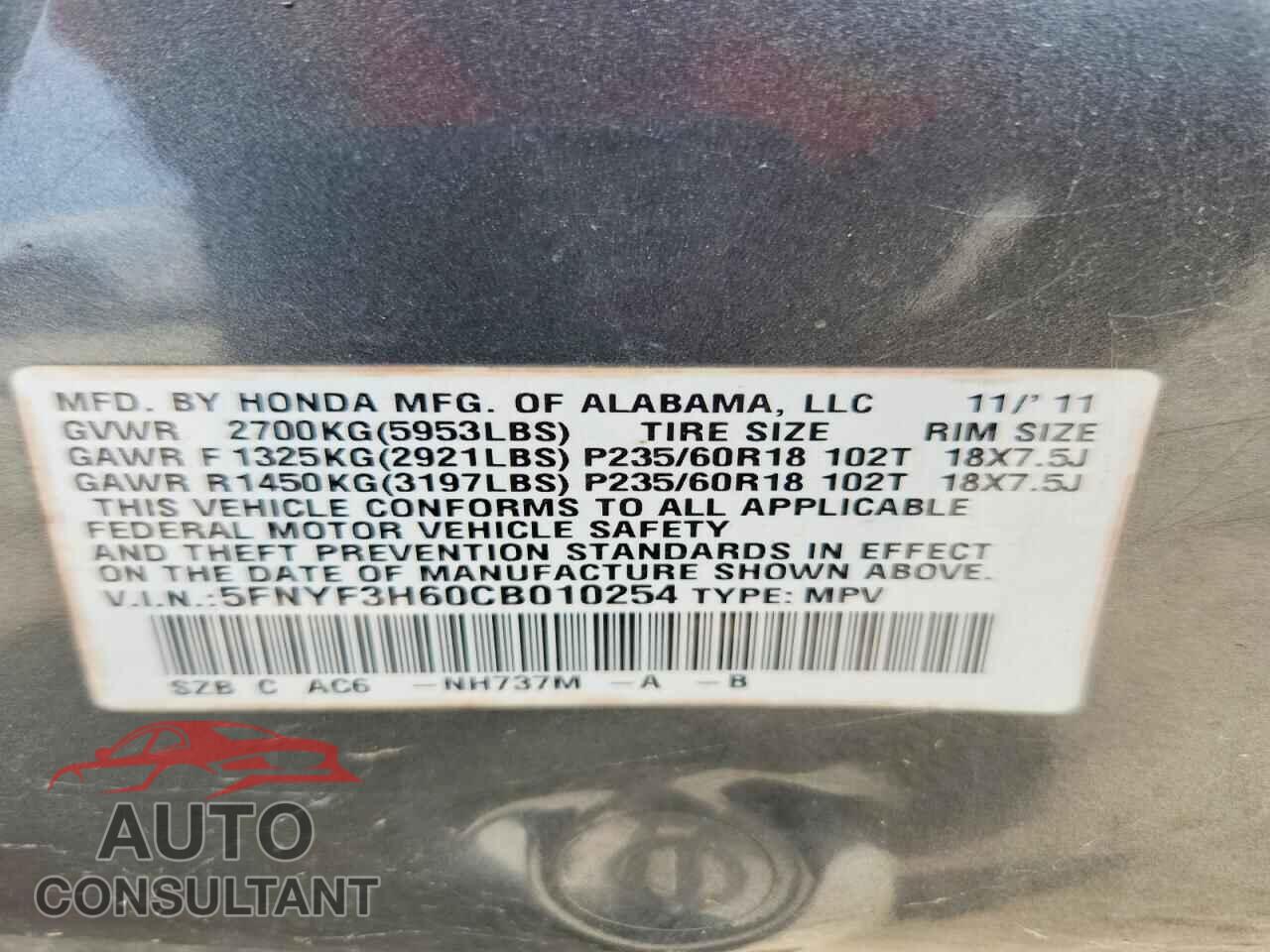 HONDA PILOT 2012 - 5FNYF3H60CB010254