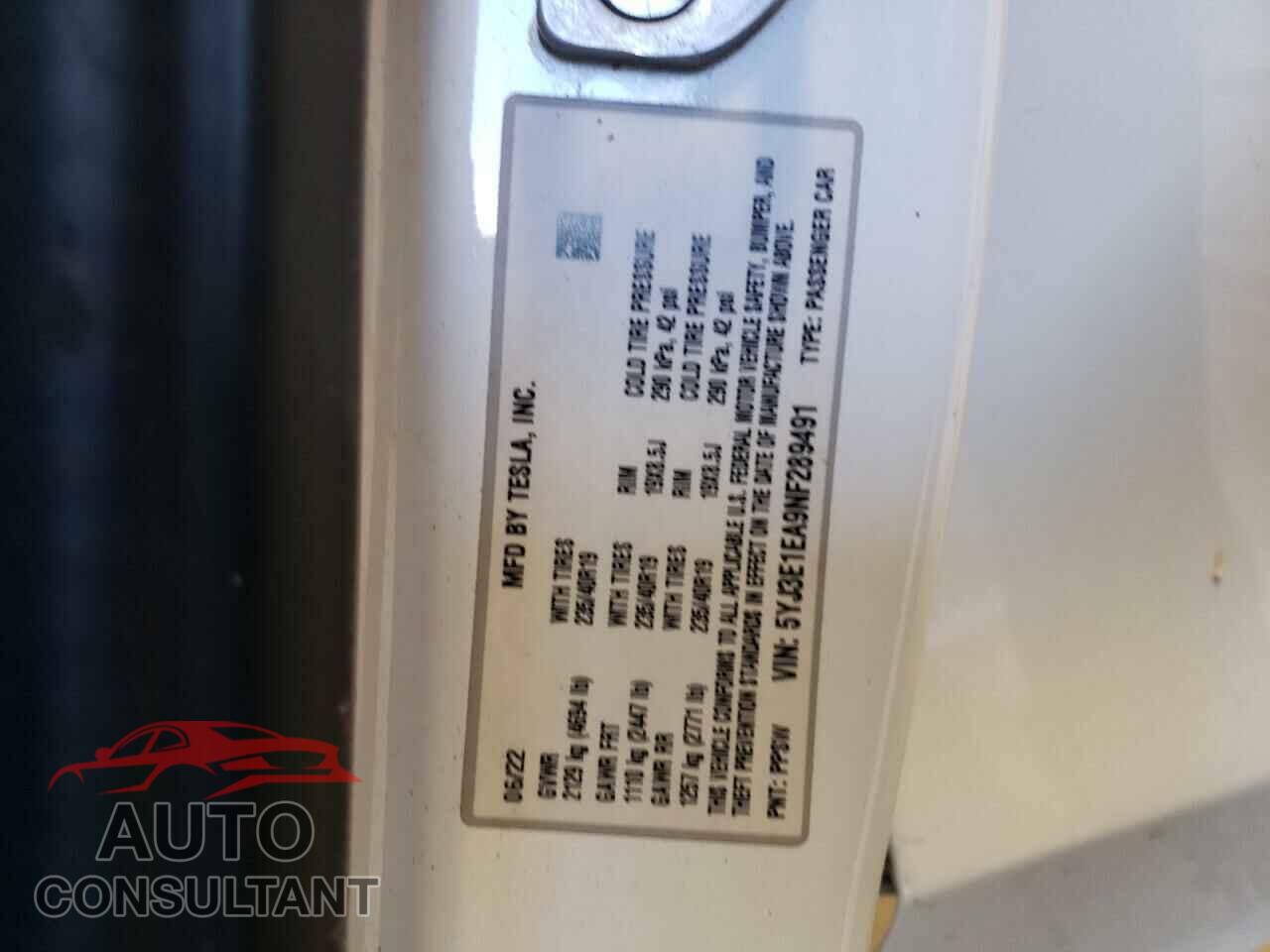 TESLA MODEL 3 2022 - 5YJ3E1EA9NF289491