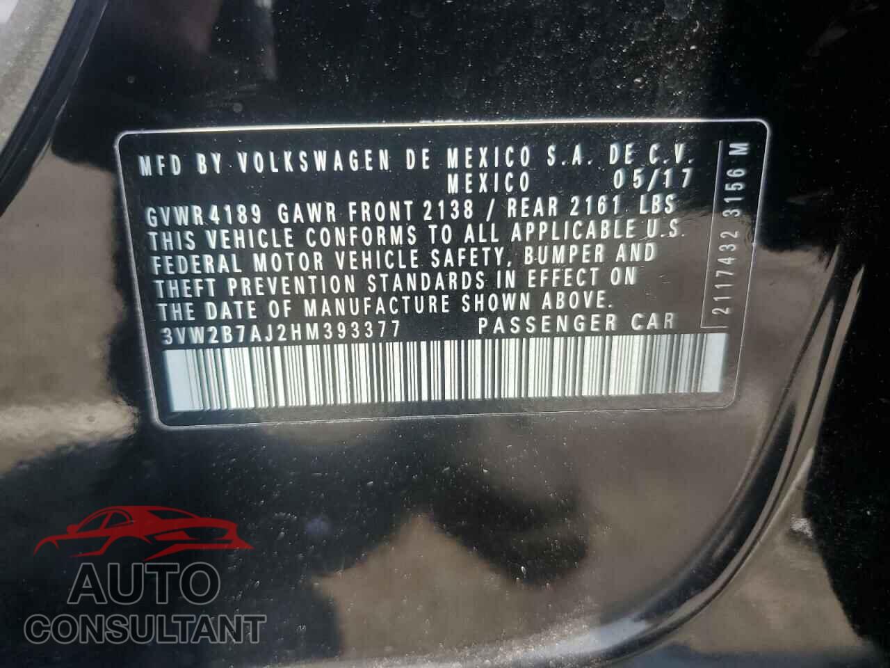 VOLKSWAGEN JETTA 2017 - 3VW2B7AJ2HM393377