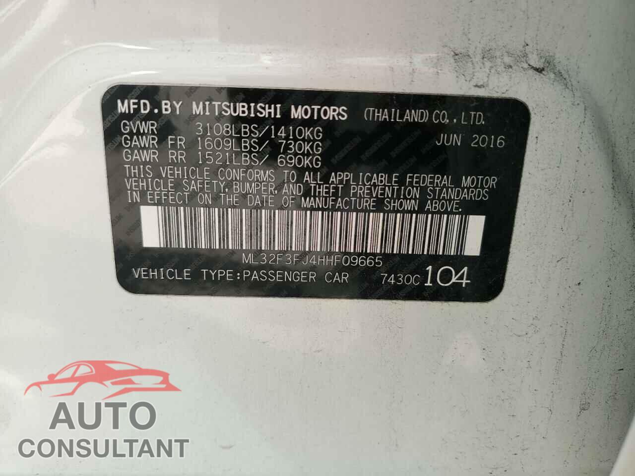 MITSUBISHI MIRAGE 2017 - ML32F3FJ4HHF09665