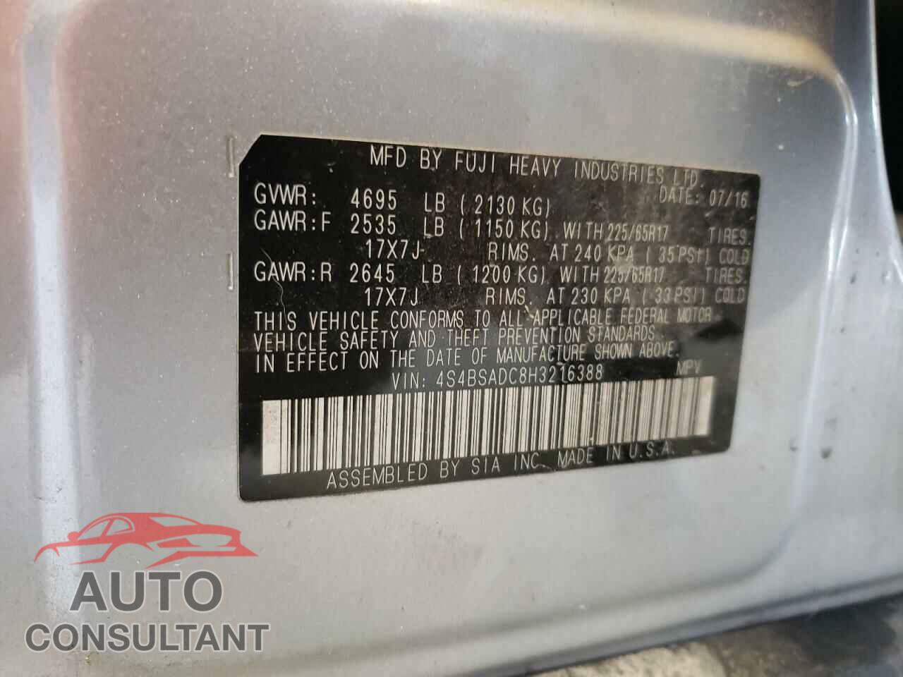 SUBARU OUTBACK 2017 - 4S4BSADC8H3216388