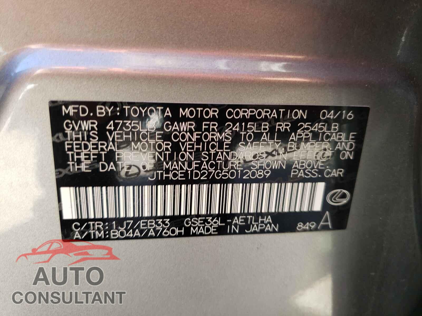 LEXUS IS 2016 - JTHCE1D27G5012089