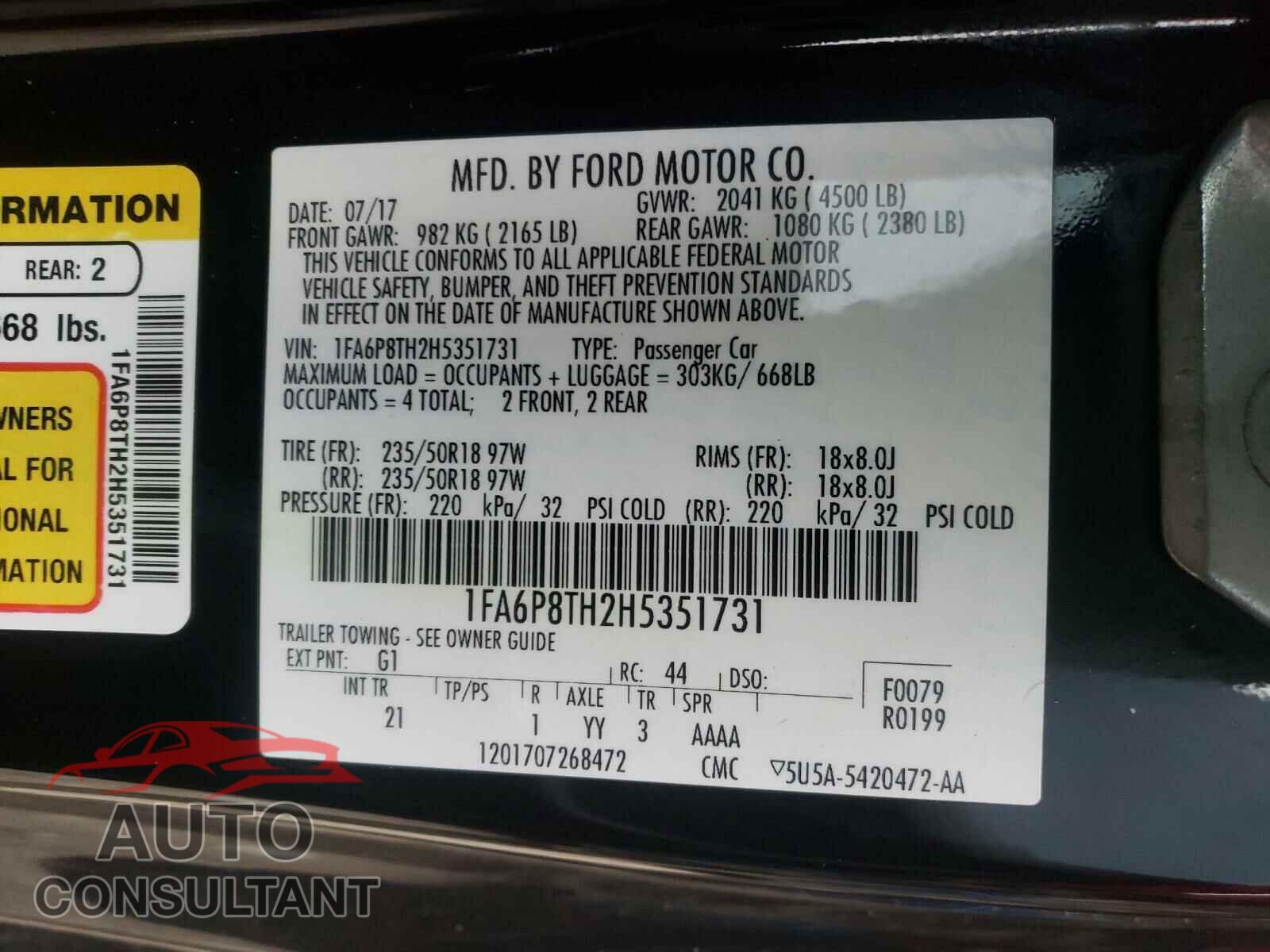 FORD MUSTANG 2017 - 1FA6P8TH2H5351731