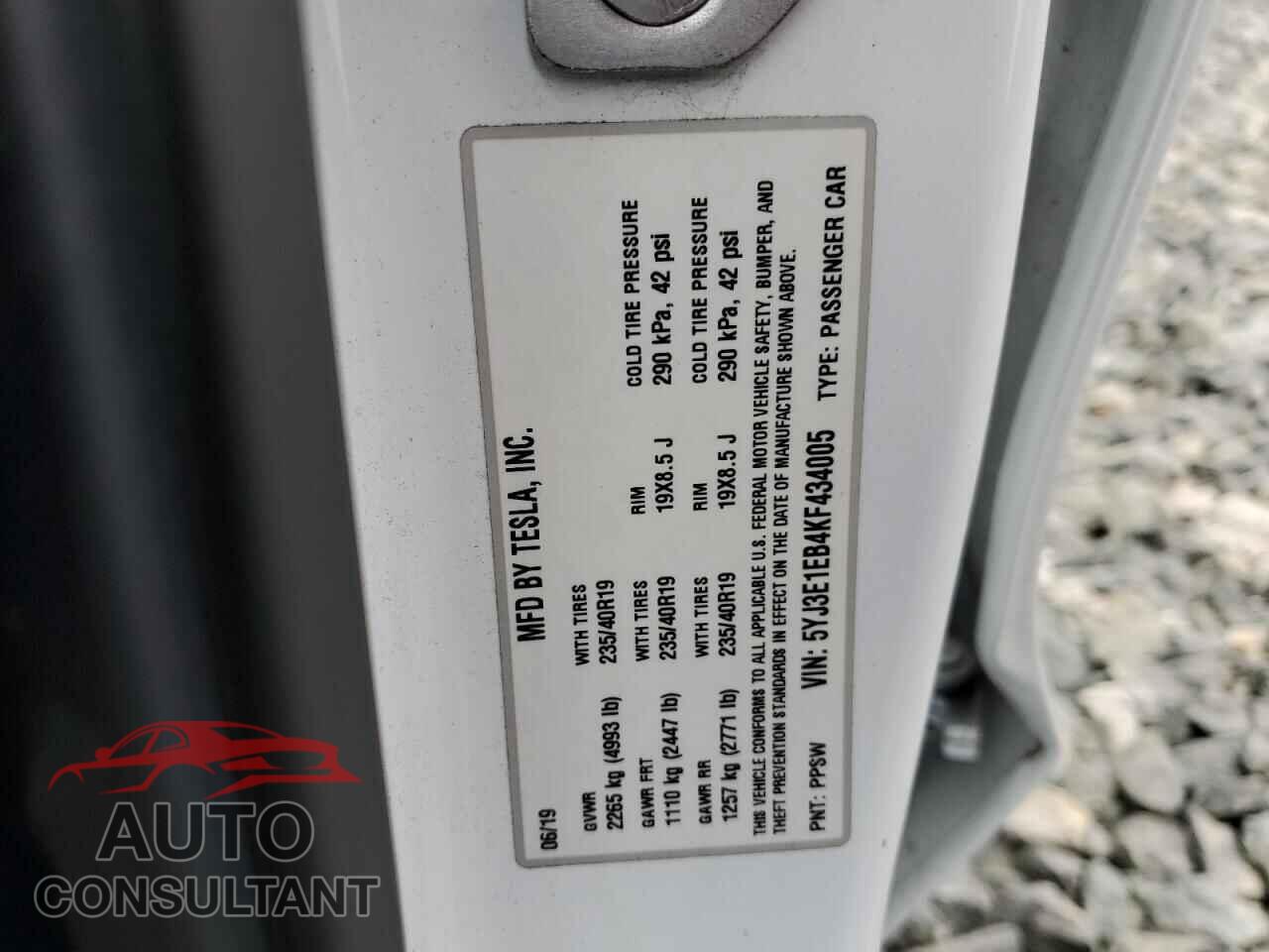 TESLA MODEL 3 2019 - 5YJ3E1EB4KF434005
