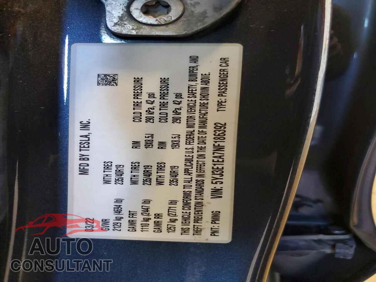 TESLA MODEL 3 2022 - 5YJ3E1EA7NF186392