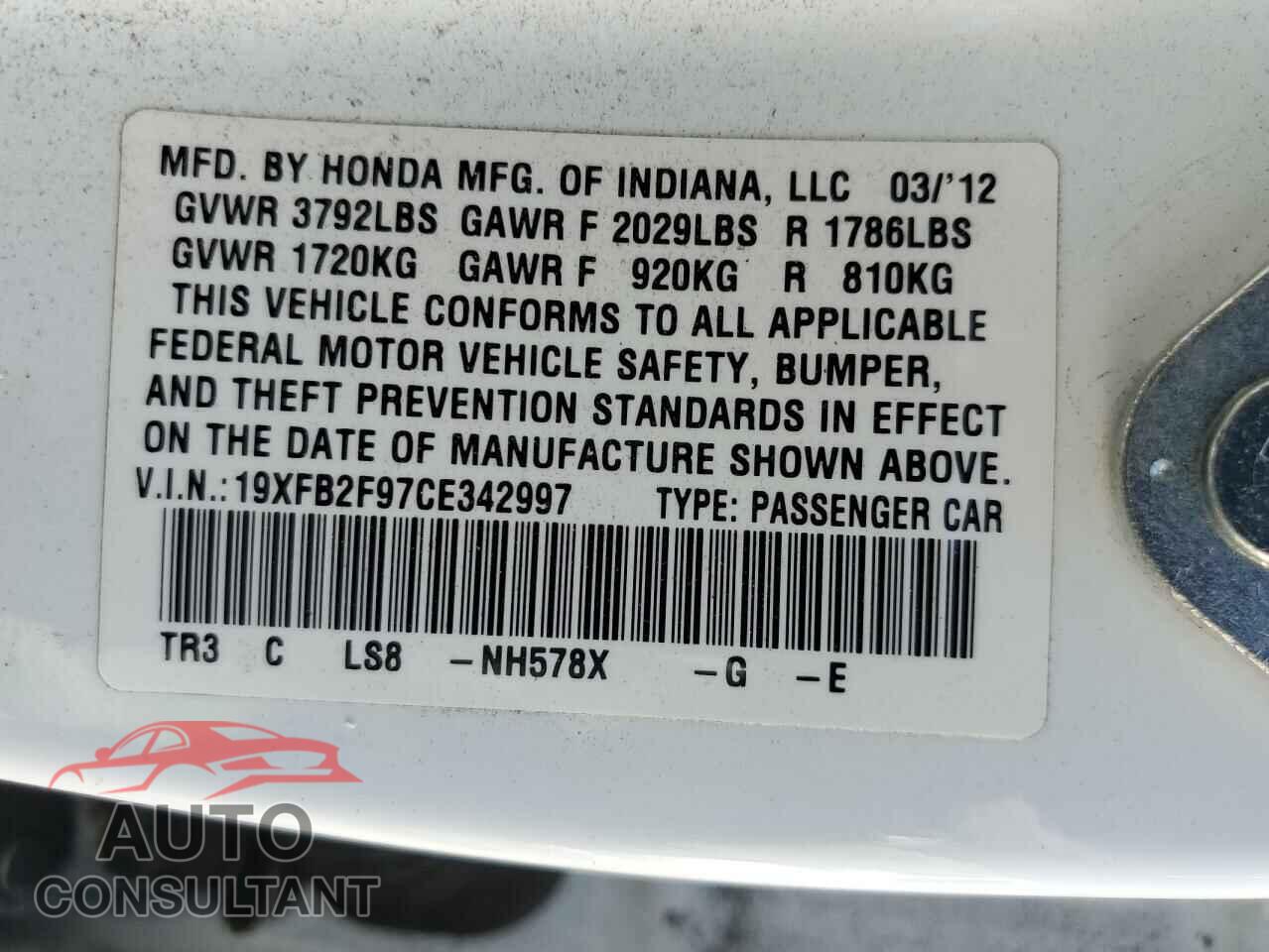 HONDA CIVIC 2012 - 19XFB2F97CE342997