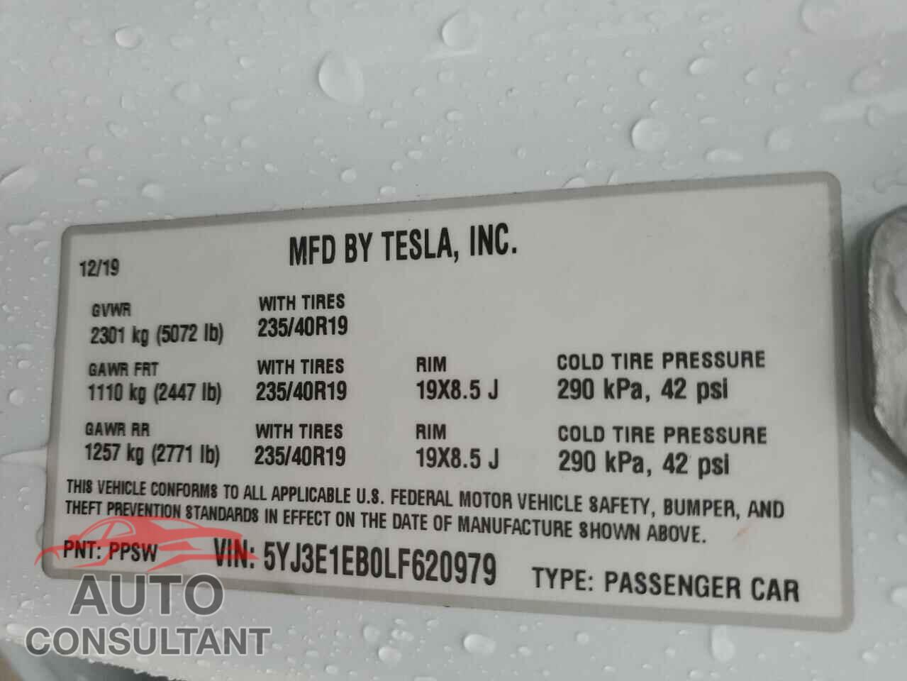 TESLA MODEL 3 2020 - 5YJ3E1EB0LF620979