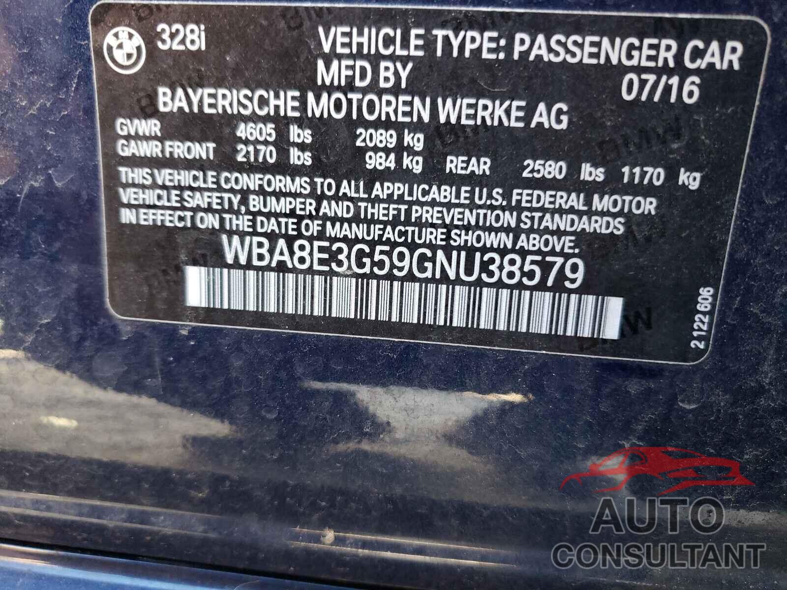 BMW 3 SERIES 2016 - WBA8E3G59GNU38579