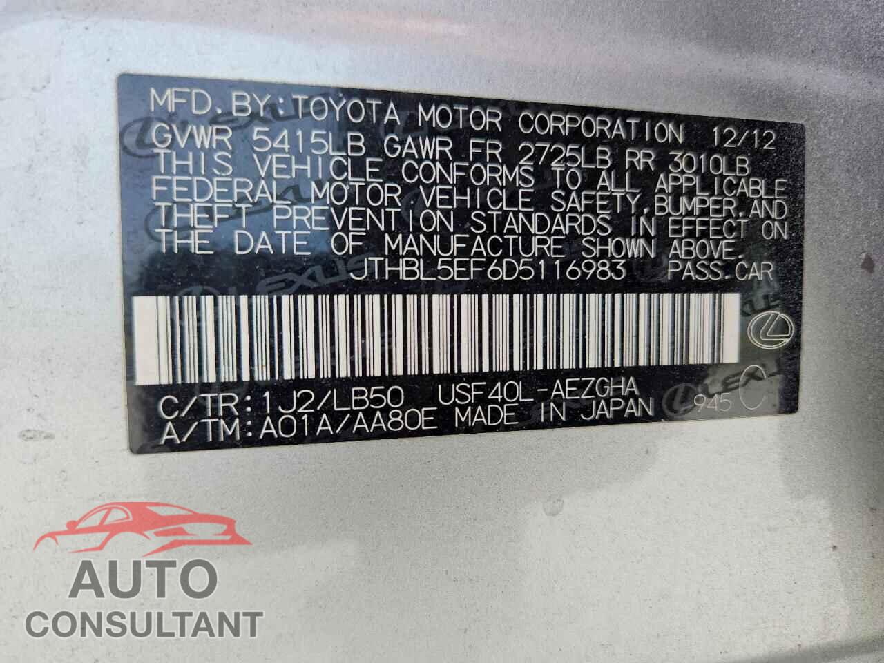 LEXUS LS460 2013 - JTHBL5EF6D5116983