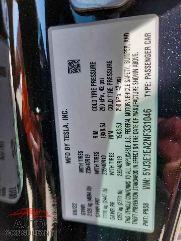 TESLA MODEL 3 2022 - 5YJ3E1EA2NF331046