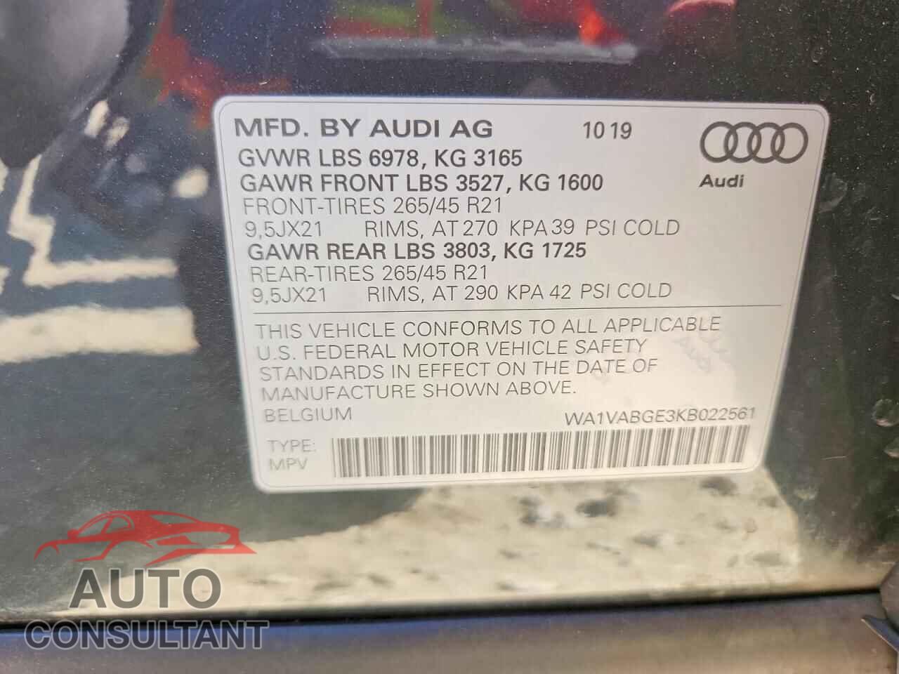 AUDI E-TRON 2019 - WA1VABGE3KB022561