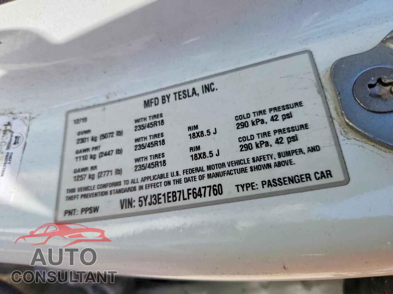 TESLA MODEL 3 2020 - 5YJ3E1EB7LF647760