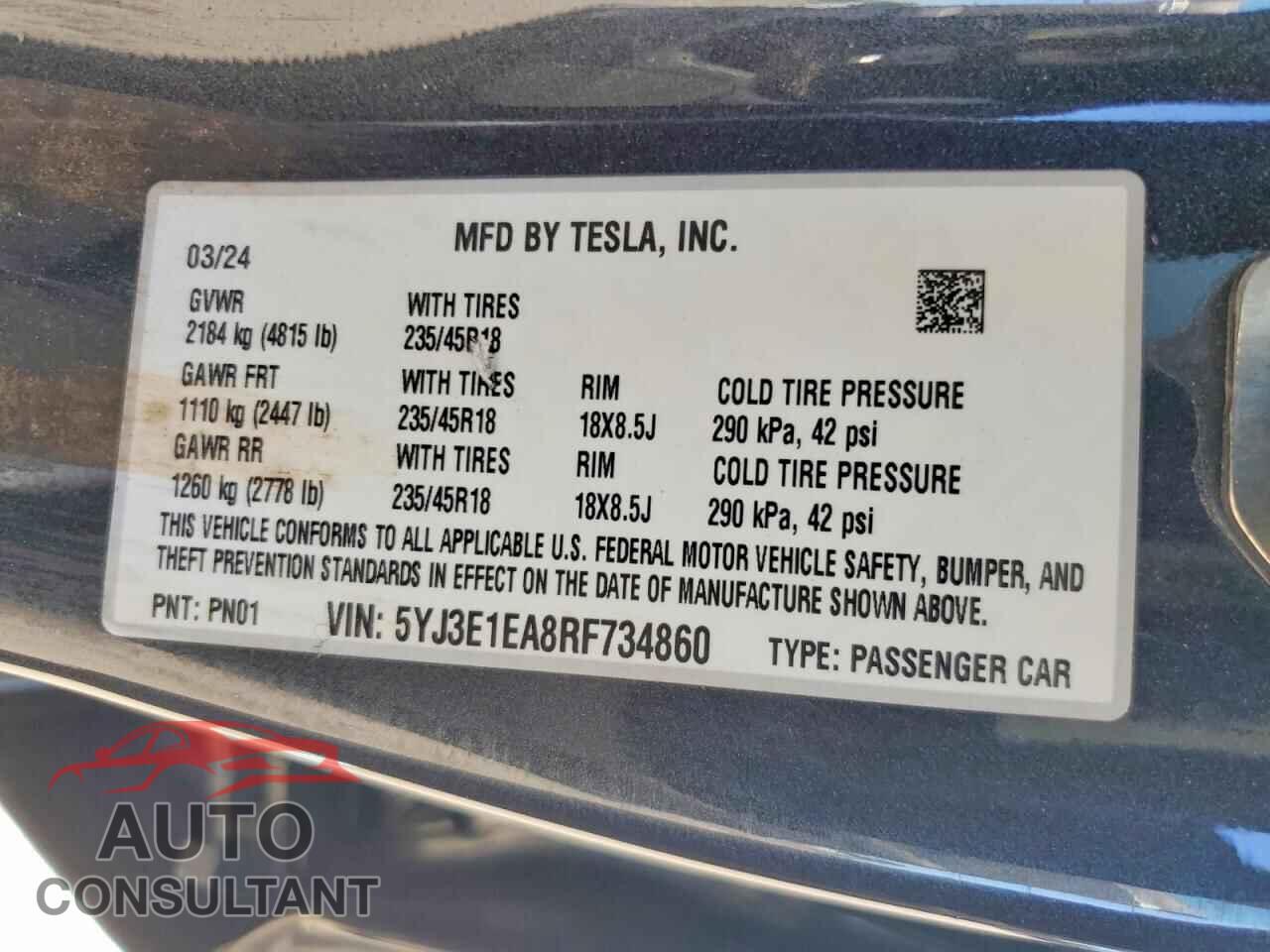 TESLA MODEL 3 2024 - 5YJ3E1EA8RF734860