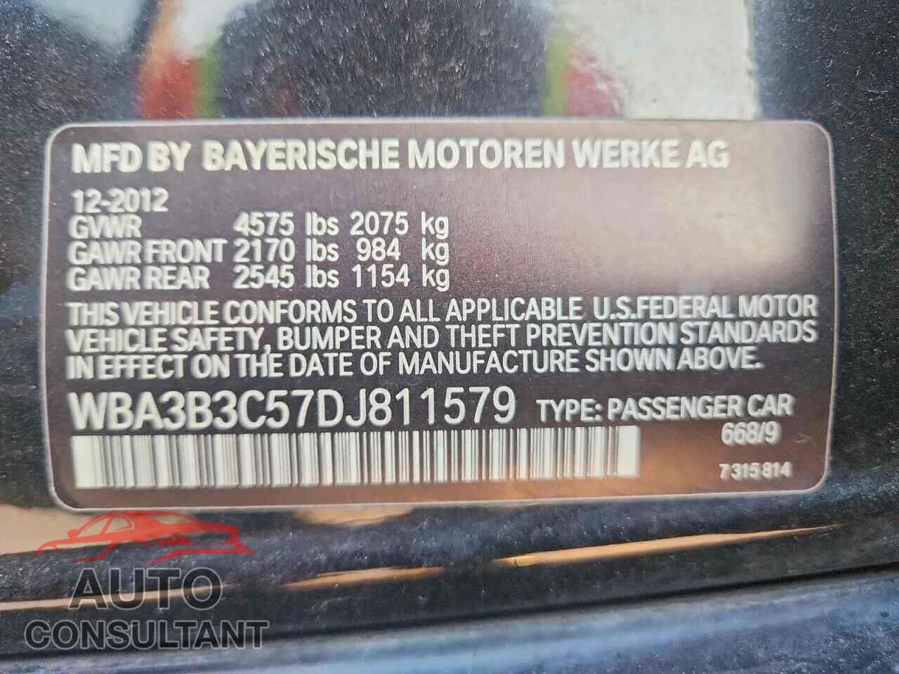 BMW 3 SERIES 2013 - WBA3B3C57DJ811579