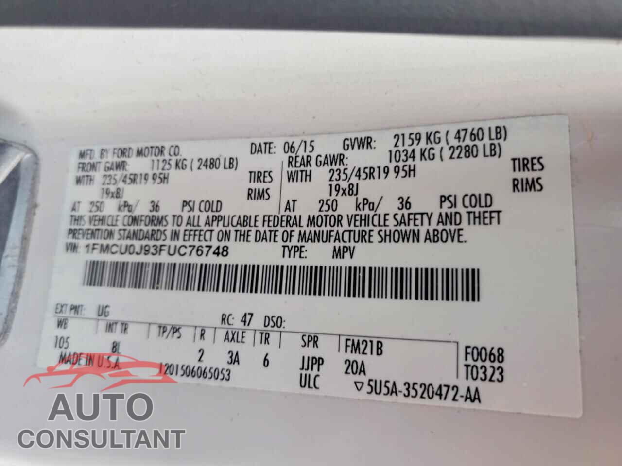 FORD ESCAPE 2015 - 1FMCU0J93FUC76748