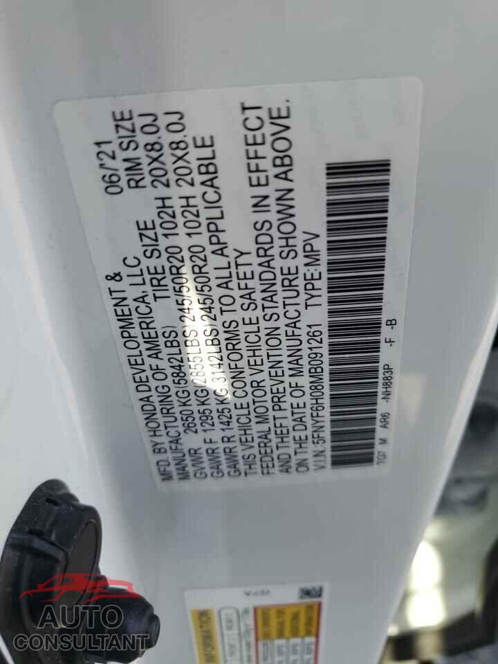 HONDA PILOT 2021 - 5FNYF6H08MB091261