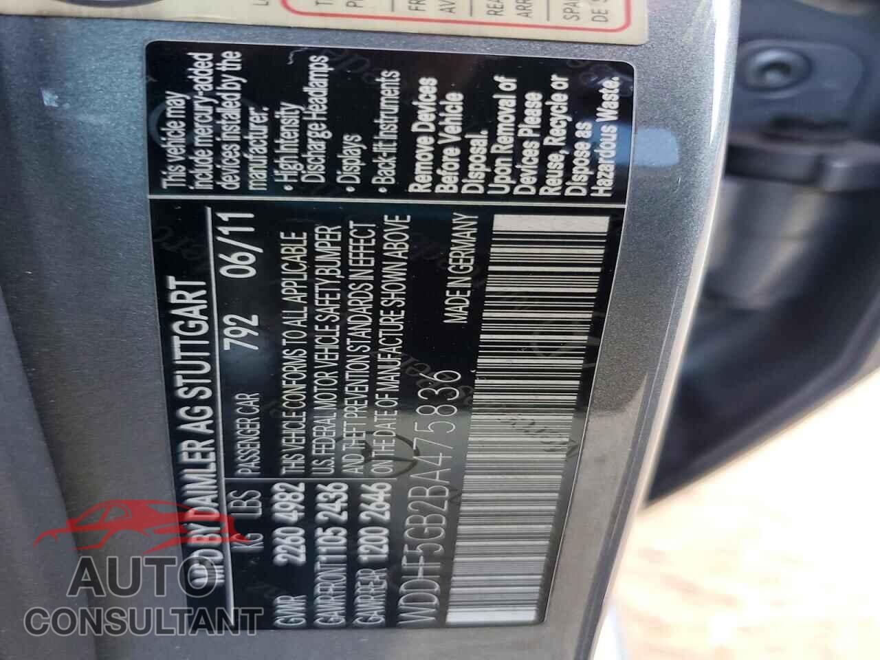 MERCEDES-BENZ E-CLASS 2011 - WDDHF5GB2BA475836