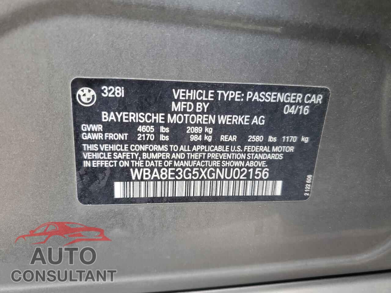 BMW 3 SERIES 2016 - WBA8E3G5XGNU02156