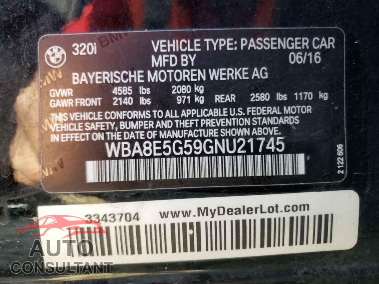BMW 3 SERIES 2016 - WBA8E5G59GNU21745