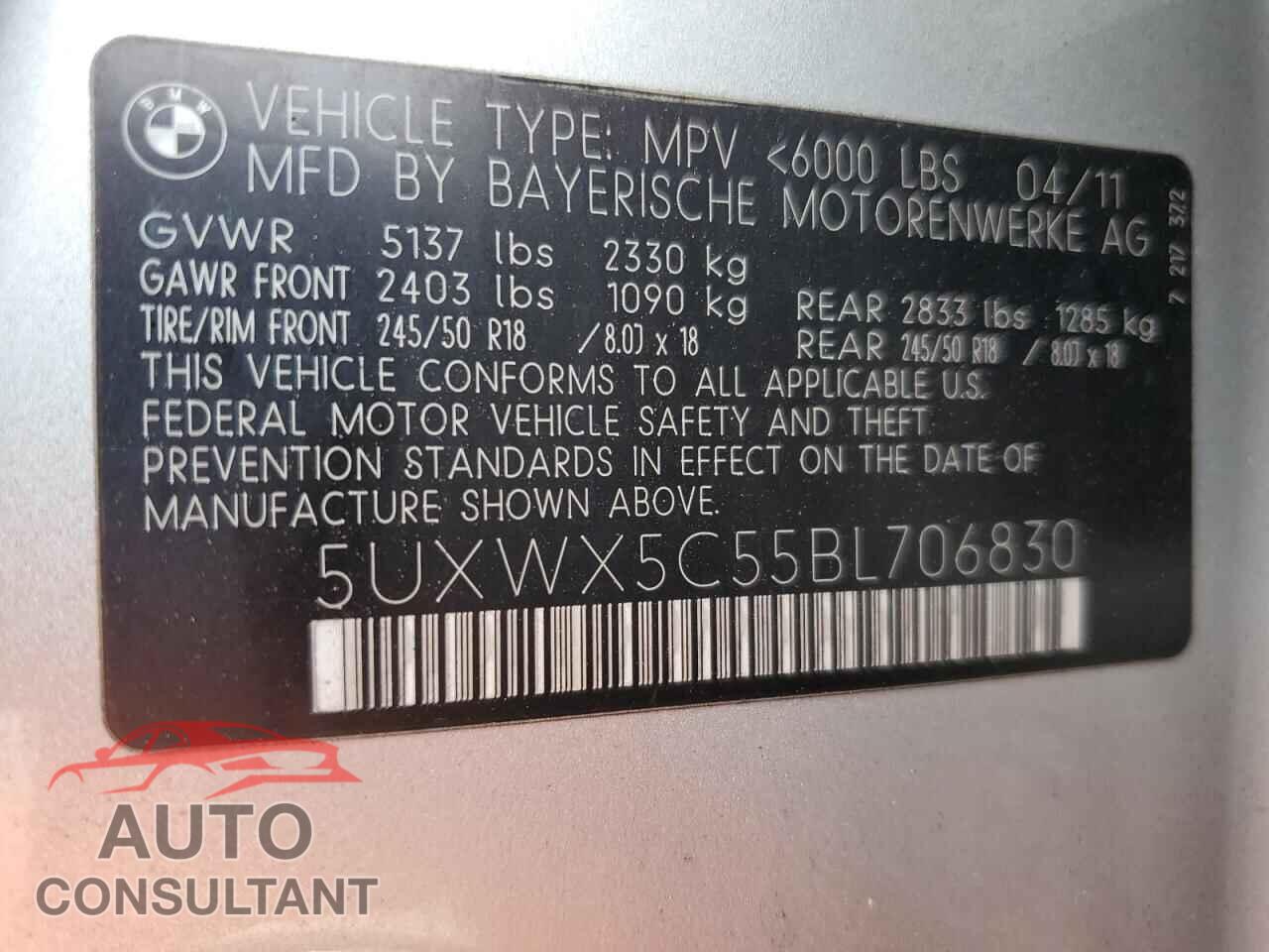 BMW X3 2011 - 5UXWX5C55BL706830