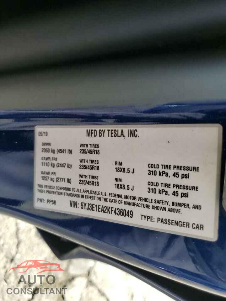 TESLA MODEL 3 2019 - 5YJ3E1EA2KF436049