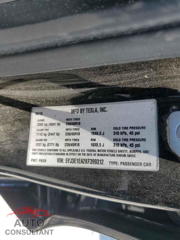 TESLA MODEL 3 2019 - 5YJ3E1EA2KF399312