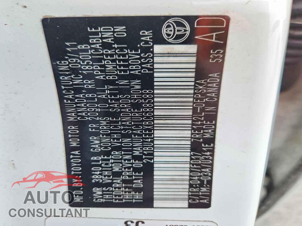TOYOTA COROLLA 2011 - 2T1BU4EEXBC688588