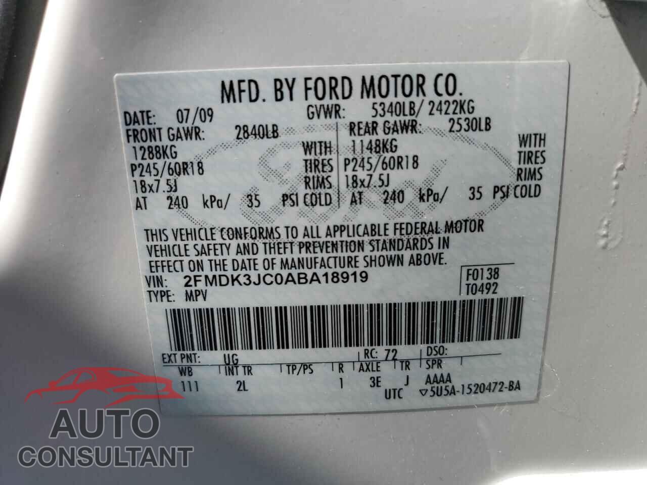 FORD EDGE 2010 - 2FMDK3JC0ABA18919