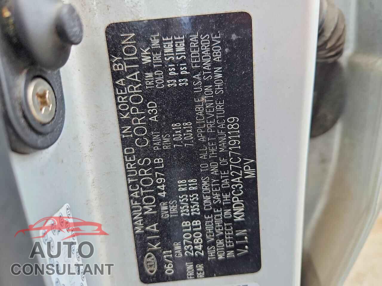 KIA SPORTAGE 2012 - KNDPC3A27C7191189