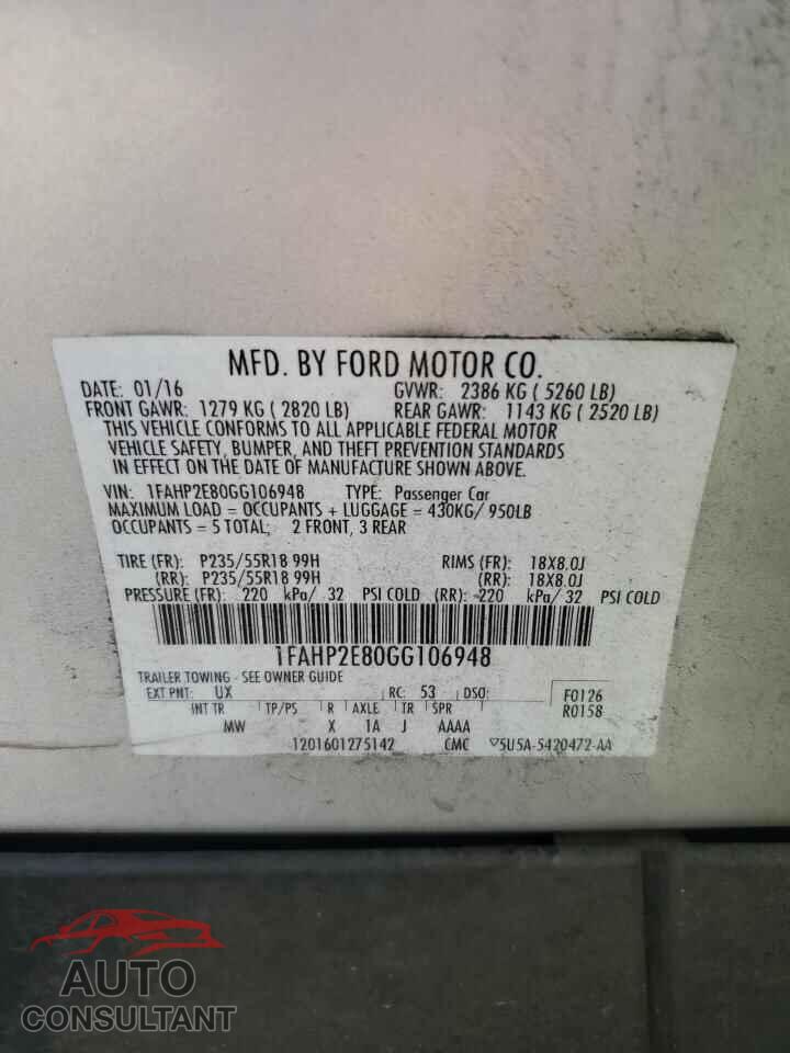 FORD TAURUS 2016 - 1FAHP2E80GG106948
