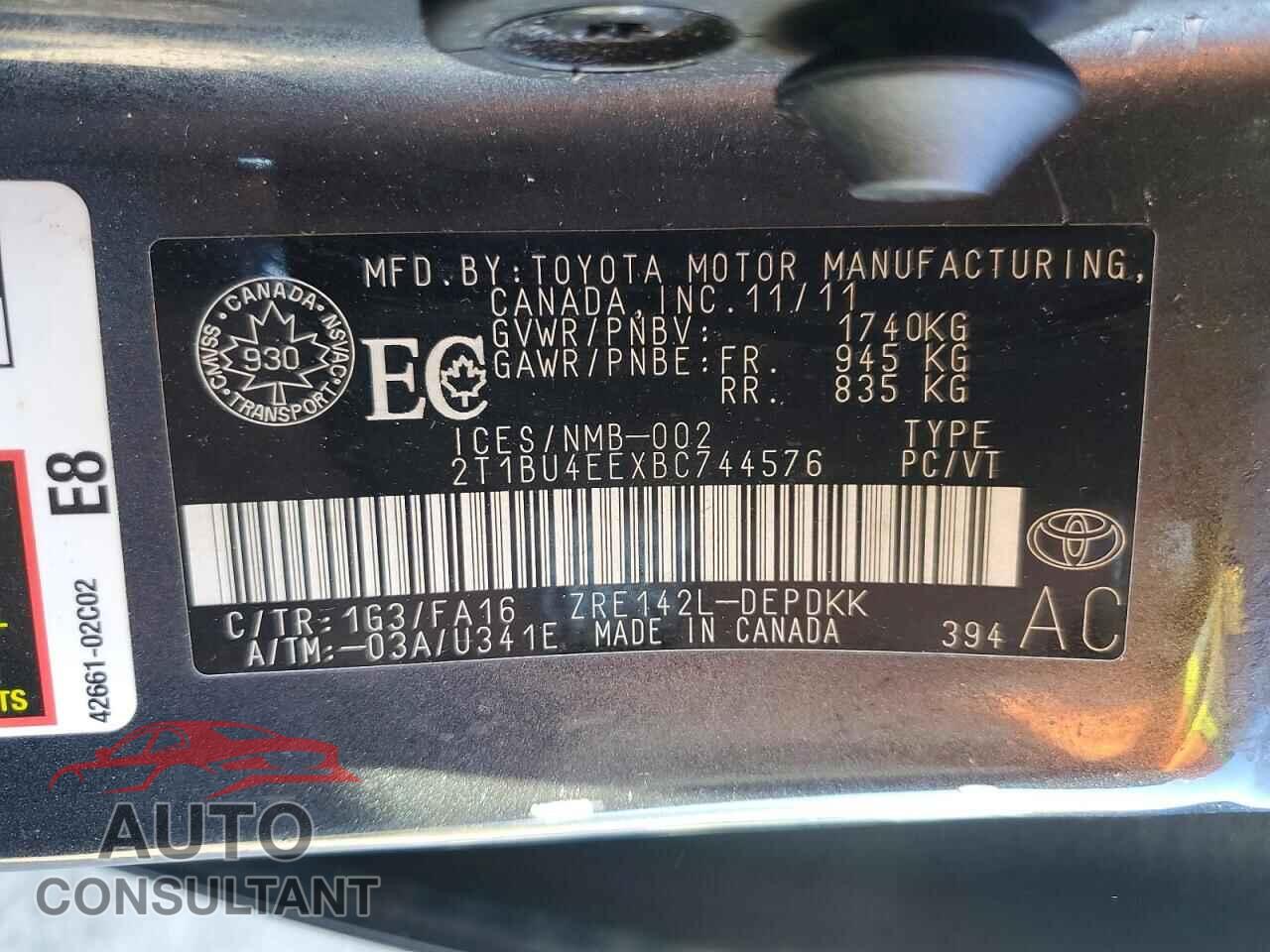 TOYOTA COROLLA 2011 - 2T1BU4EEXBC744576