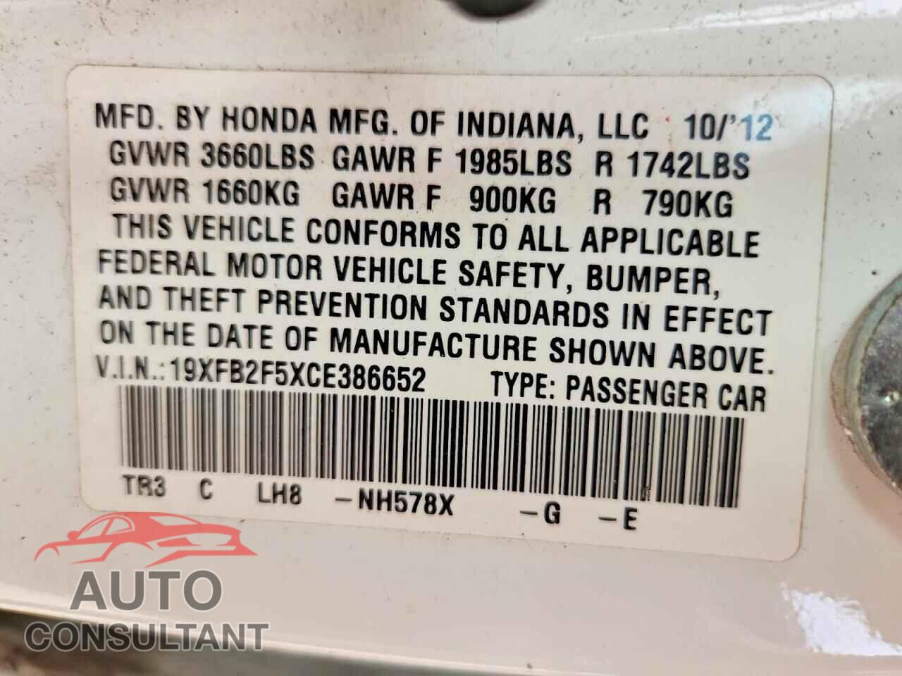HONDA CIVIC 2012 - 19XFB2F5XCE386652