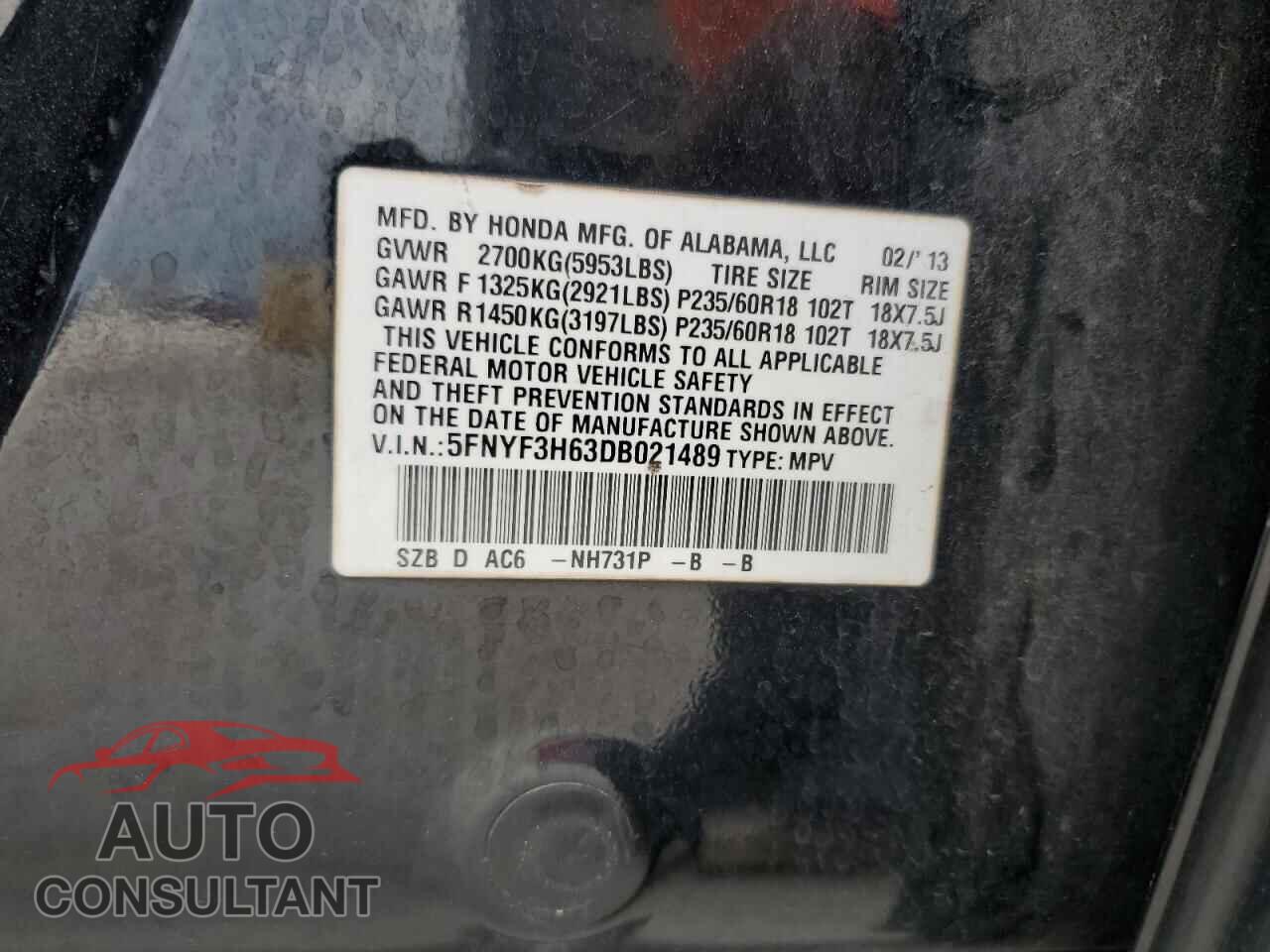 HONDA PILOT 2013 - 5FNYF3H63DB021489