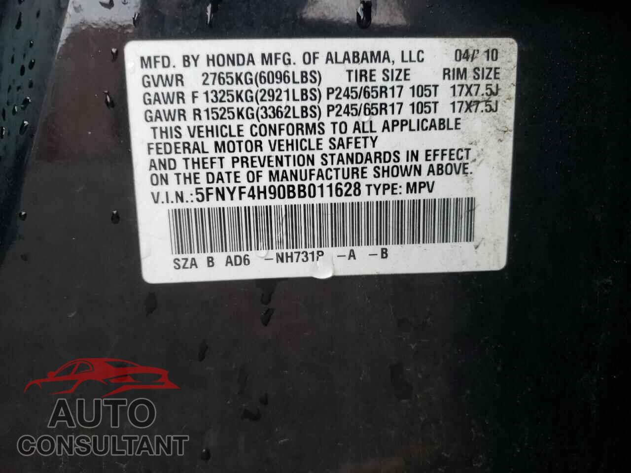 HONDA PILOT 2011 - 5FNYF4H90BB011628