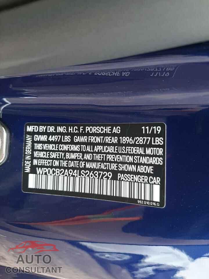 PORSCHE 911 2020 - WP0CB2A94LS263729