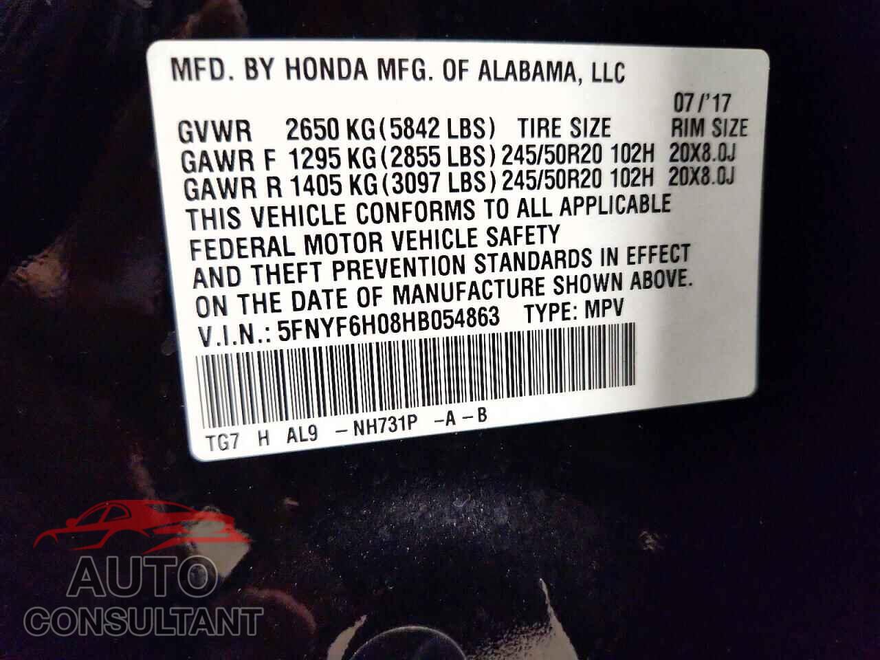HONDA PILOT 2017 - 5FNYF6H08HB054863