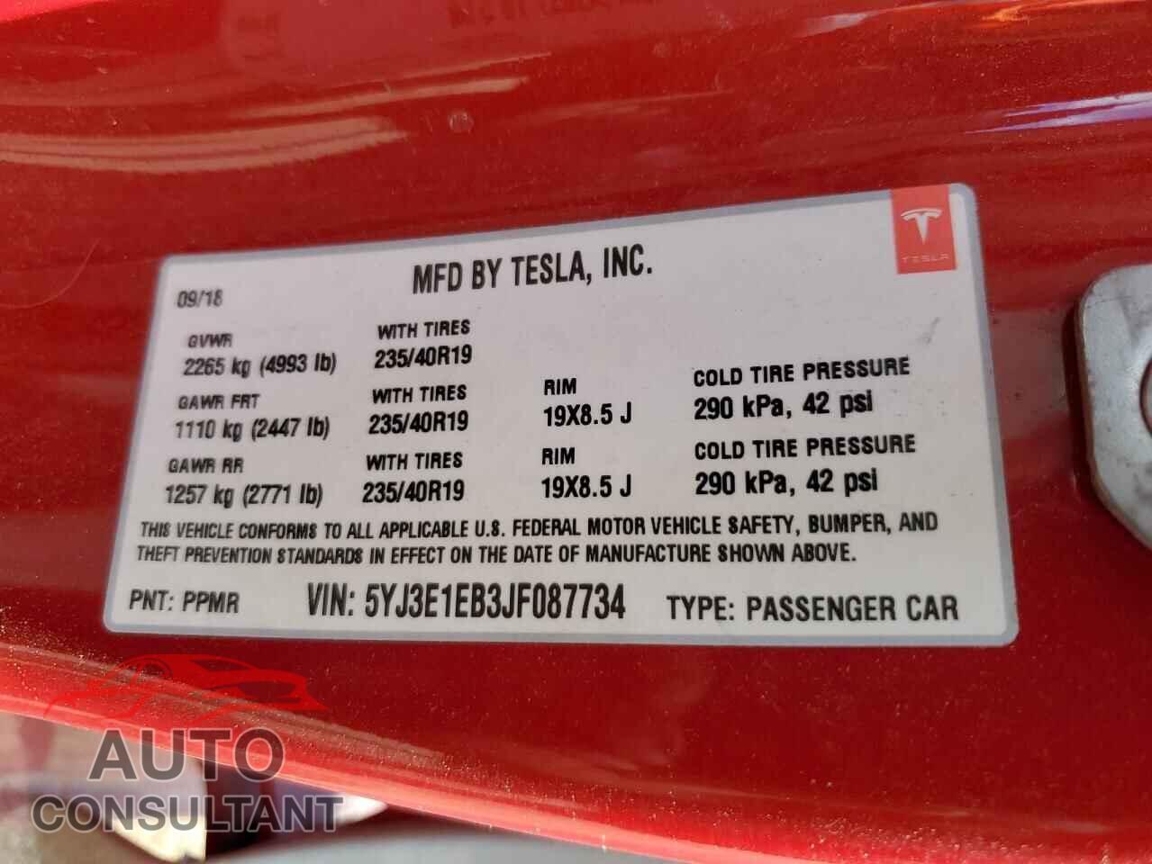 TESLA MODEL 3 2018 - 5YJ3E1EB3JF087734